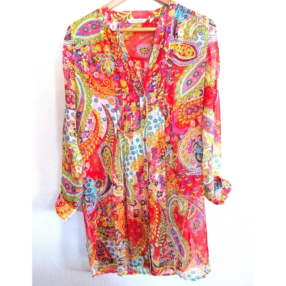 Soft Surroundings Womens Paisley Floral Sheer Tunic Top Red Multi Small 2AG04